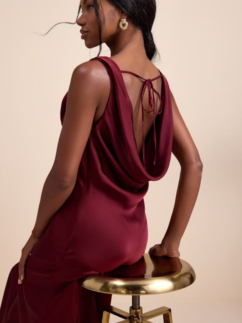 NWT Lulus Aernah Wine Red Satin Cowl Tie-back Slip Maxi Dress - Size 2X